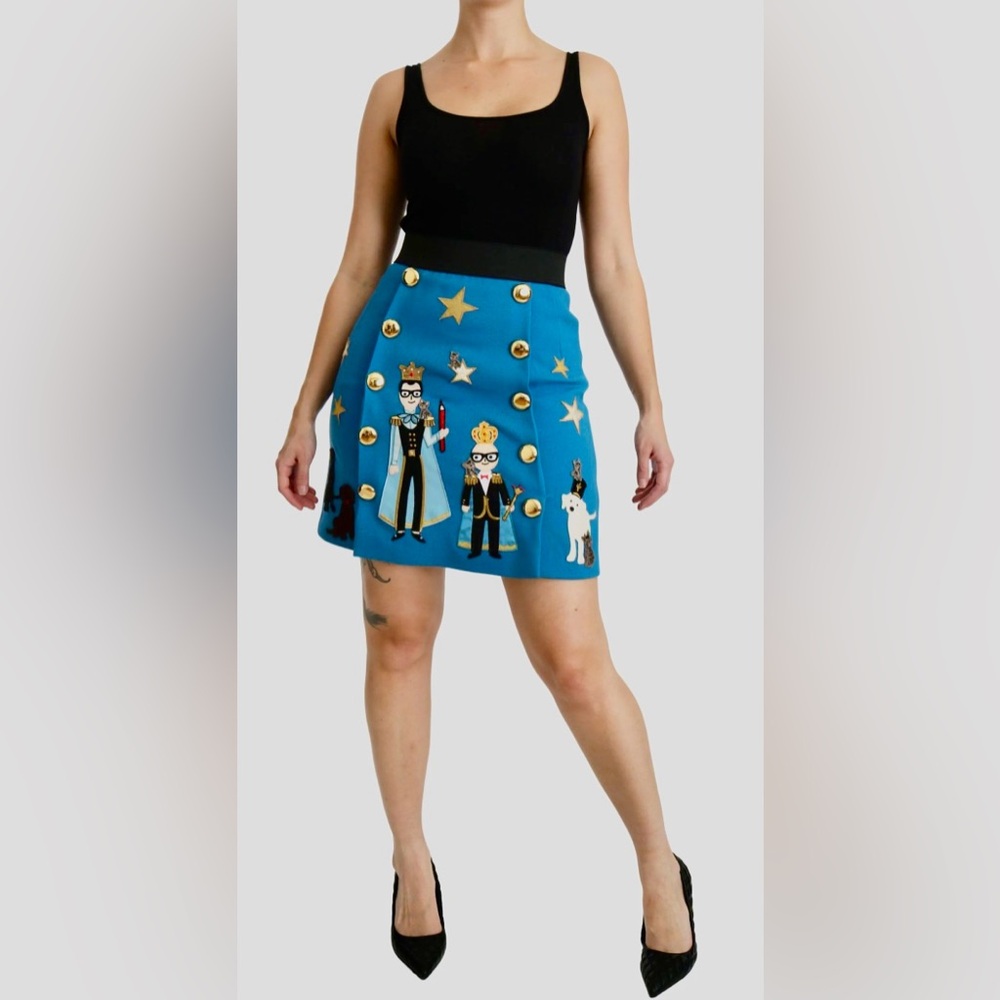 Dolce & Gabbana Blue Embellished High Waist Mini Wool Skirt